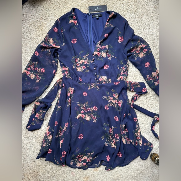Lulus Blue Floral Print Long Sleeve Tying Dress - Picture 1 of 6